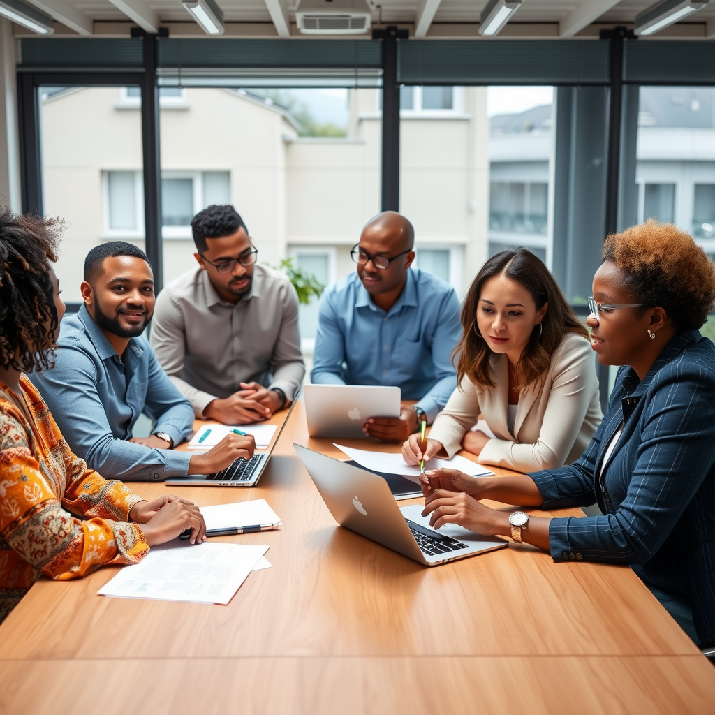 Professional team collaborating on philanthropic strategy, diverse group of people working together at a modern conference table with documents and laptops, bright natural lighting, representing trust and expertise in charitable foundation management