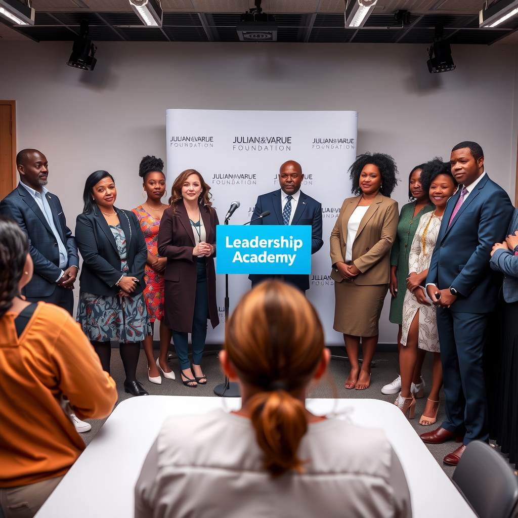 Julian & Varue Foundation leadership team announcing the new Leadership Academy at a press conference, with diverse group of emerging nonprofit professionals in attendance, professional setting with foundation branding visible