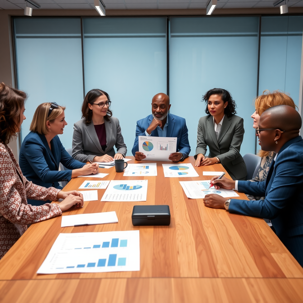 Professional philanthropic consultants meeting with foundation leaders around a modern conference table, discussing strategic giving plans with charts and impact reports visible