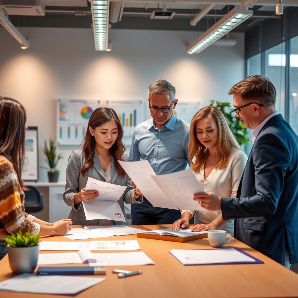 Modern foundation office interior with professional staff members reviewing philanthropic project documents, warm lighting, collaborative workspace with charts and strategic planning materials on walls