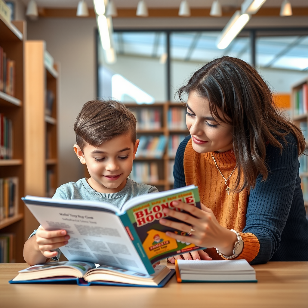Young elementary student reading a book with an adult mentor in a bright, welcoming library setting, illustrating one-on-one literacy support and mentorship