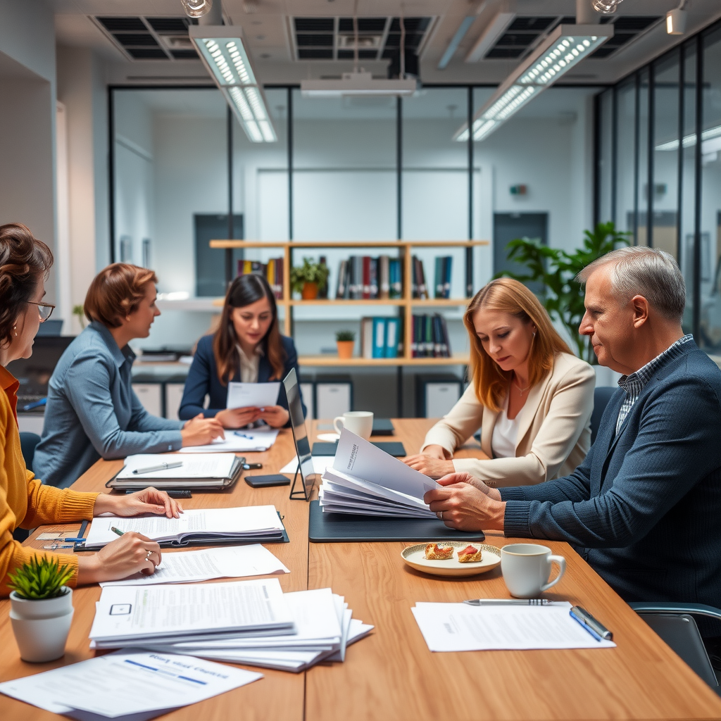 Organized foundation office with professional staff managing grant applications, compliance documents, and board meeting materials in a modern workspace