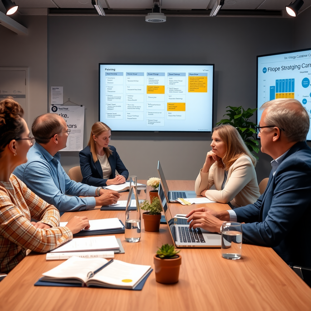 Philanthropic advisors working with foundation board members on strategic planning, with vision boards and impact frameworks displayed on screens
