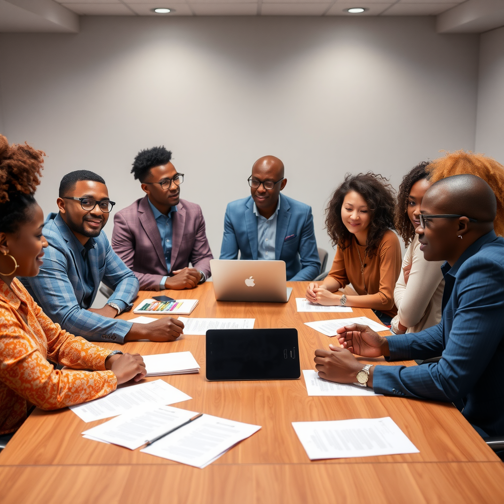 Diverse foundation board members engaged in strategic discussion around conference table with documents and laptops
