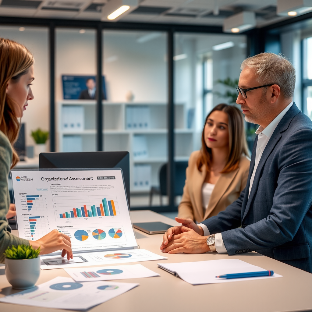 Professional consultant reviewing organizational assessment charts and data visualizations with nonprofit executive director in modern office setting