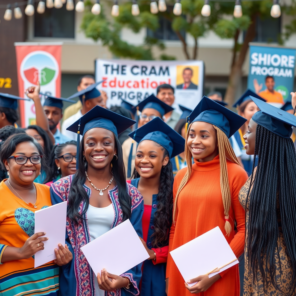 Community members celebrating successful educational program graduation, diverse group of students and families at outdoor ceremony with banners and diplomas