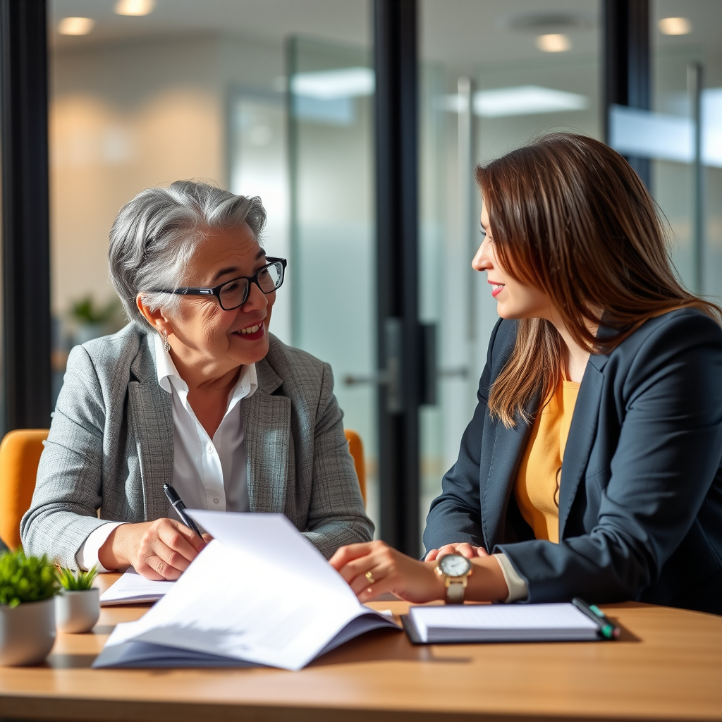 One-on-one mentorship session between experienced foundation leader and emerging nonprofit professional, professional office setting with natural lighting, engaged conversation and note-taking visible