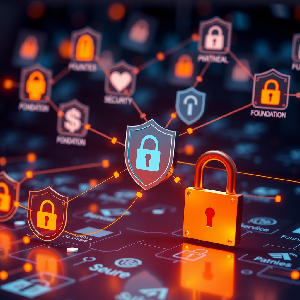 Visual representation of secure data sharing network showing encrypted connections between foundation, service providers, and partners with security shields and lock icons in warm gold accents