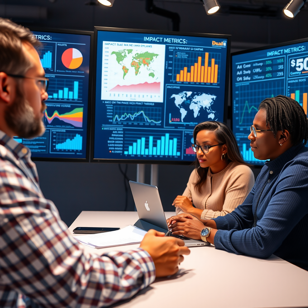Data analysts examining impact metrics on large screens showing graphs, charts, and real-world outcomes of philanthropic investments with community beneficiaries