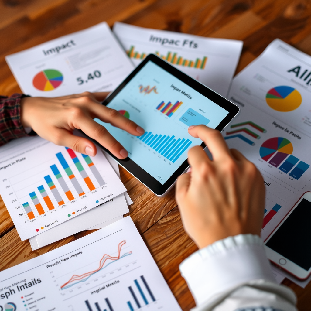Close-up of hands pointing at detailed data visualizations on a tablet screen, with printed reports and colorful charts spread across a wooden desk, showing various impact metrics and trend analyses