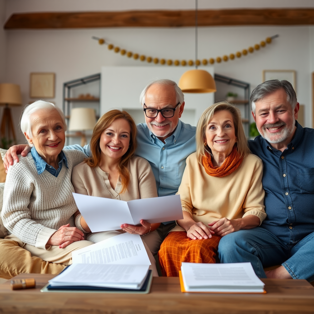 Multi-generational family sitting together in a comfortable living room, smiling while reviewing charitable giving documents and discussing philanthropy