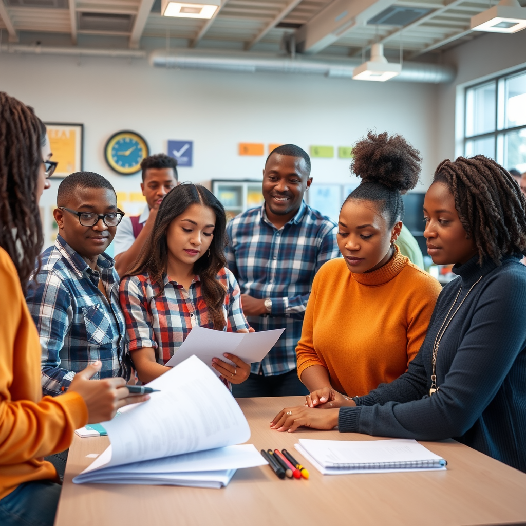 Diverse group of community members reviewing grant application documents in a modern community center, with educational materials and STEM equipment visible in the background, bright natural lighting, professional photography