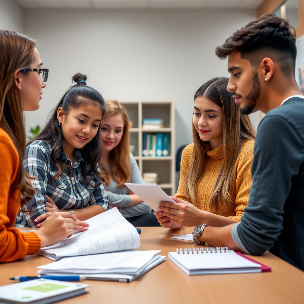 High school students meeting with college counselor reviewing applications and financial aid documents in a supportive guidance office setting