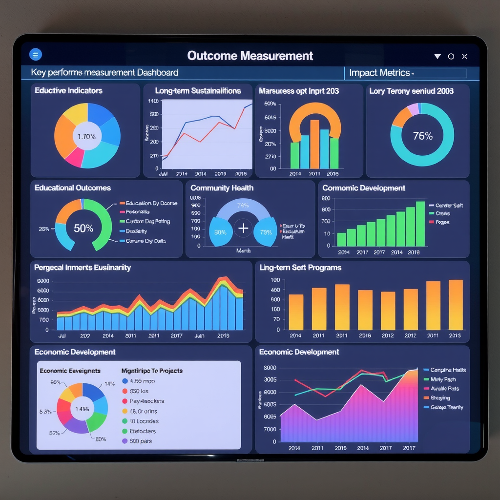 Comprehensive outcome measurement dashboard displaying key performance indicators, impact metrics, and long-term sustainability measures for philanthropic programs, featuring charts showing progress toward educational outcomes, community health improvements, and economic development goals
