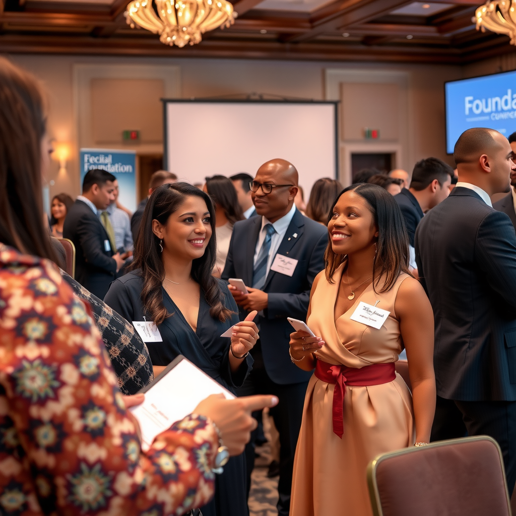 Professional networking reception with diverse nonprofit leaders engaged in conversation, elegant venue with foundation branding, warm lighting and professional atmosphere, people exchanging business cards and ideas