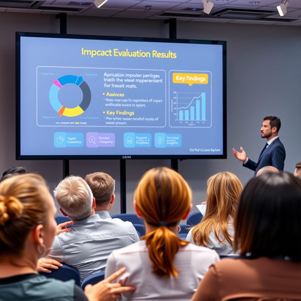 Professional presentation of impact evaluation results with a speaker gesturing toward a large screen displaying colorful infographics and key findings, audience members engaged and taking notes in a modern conference setting