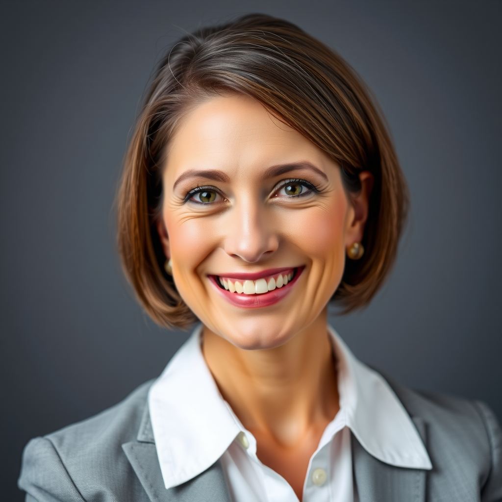 Professional headshot of Sarah Mitchell, a smiling middle-aged woman with short brown hair wearing business attire
