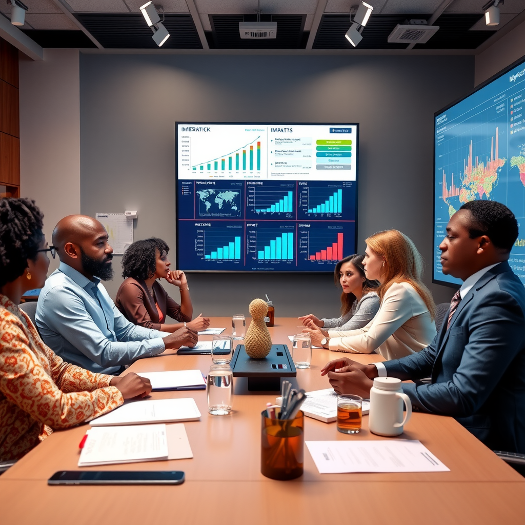 Professional business meeting with diverse philanthropic leaders analyzing data charts and impact metrics on large screens, modern conference room setting, collaborative atmosphere, high-quality corporate photography