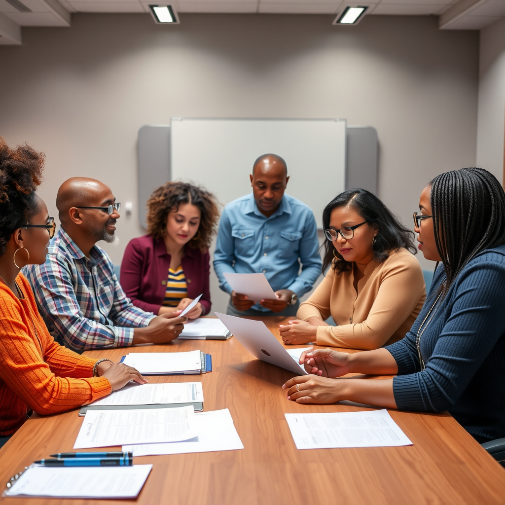 Diverse group of educators and community leaders gathered around a conference table reviewing grant documents and planning collaborative educational programs