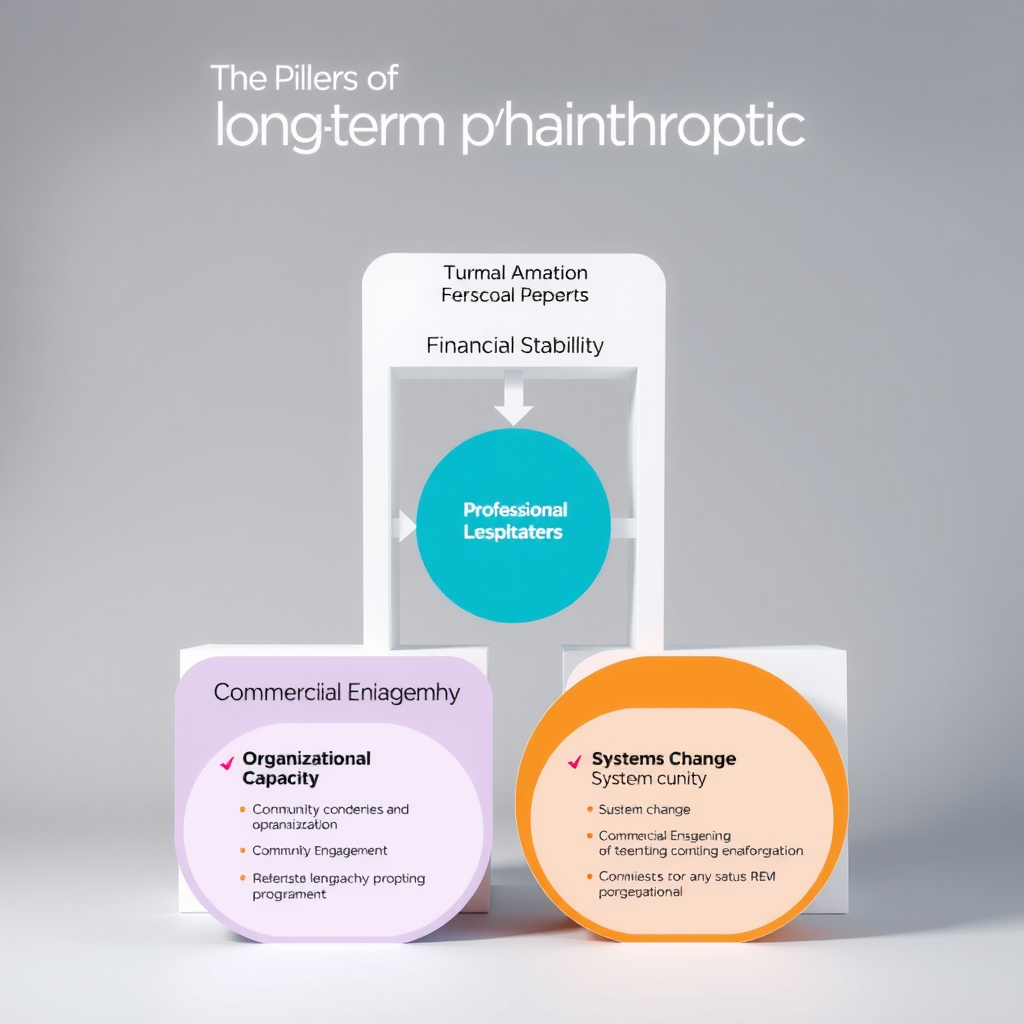 Visual framework diagram showing the pillars of long-term philanthropic sustainability including financial stability, organizational capacity, community engagement, and systems change, with interconnected elements and success indicators for each pillar