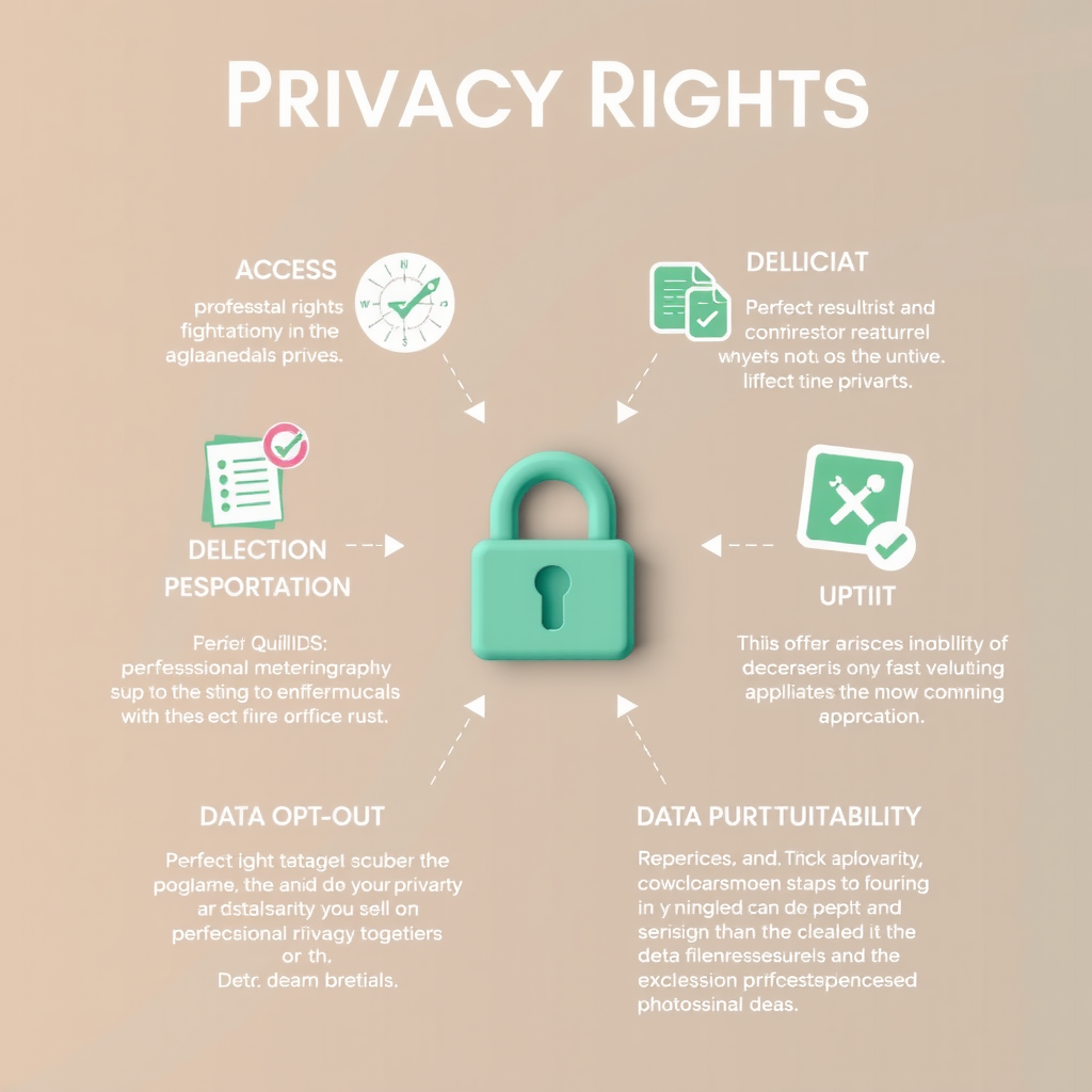 Infographic showing various privacy rights including access, correction, deletion, opt-out, and data portability with icons and explanatory text in sage green and warm grey tones