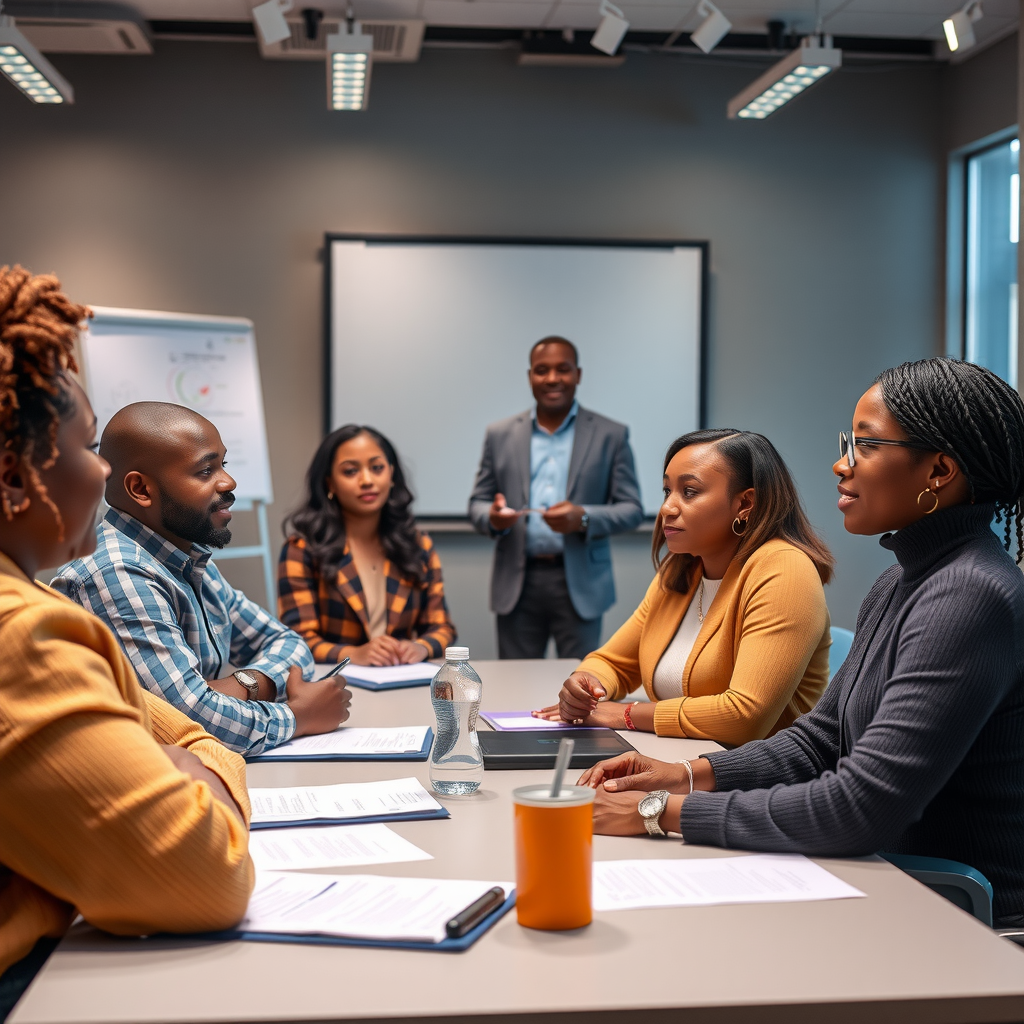 Nonprofit leaders participating in capacity building workshop with facilitators presenting organizational development strategies, leadership training, and strategic planning frameworks