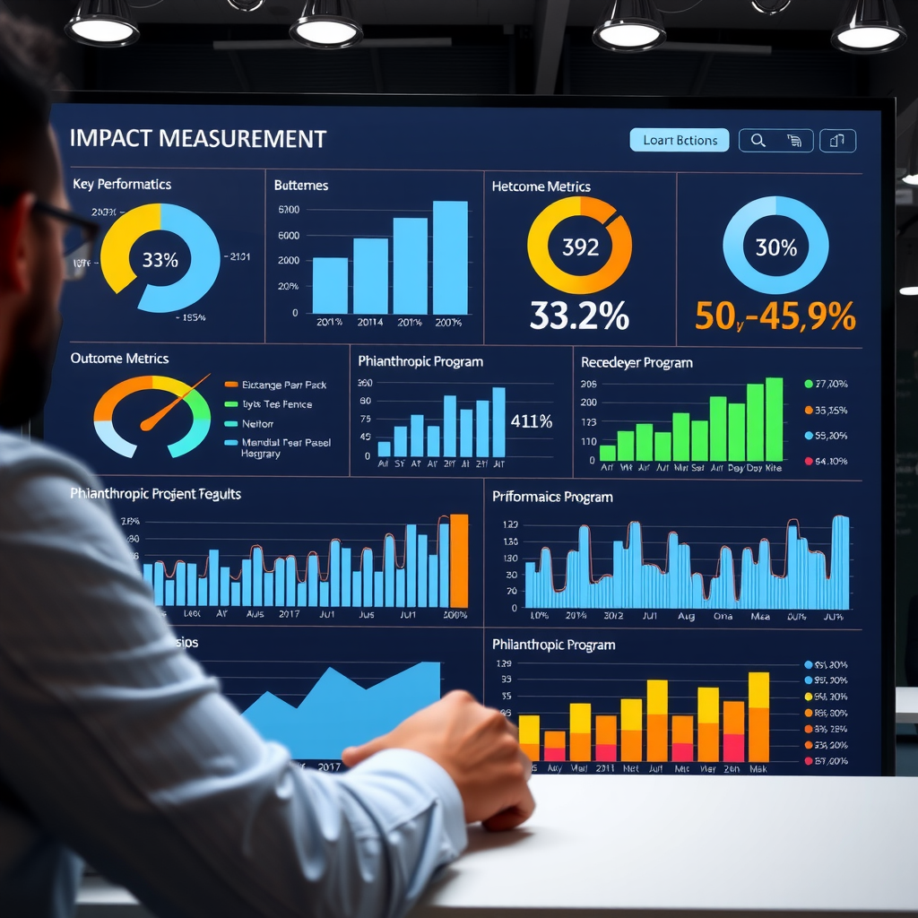 Modern impact measurement dashboard displaying key performance indicators, outcome metrics, and data visualizations showing philanthropic program results and trends