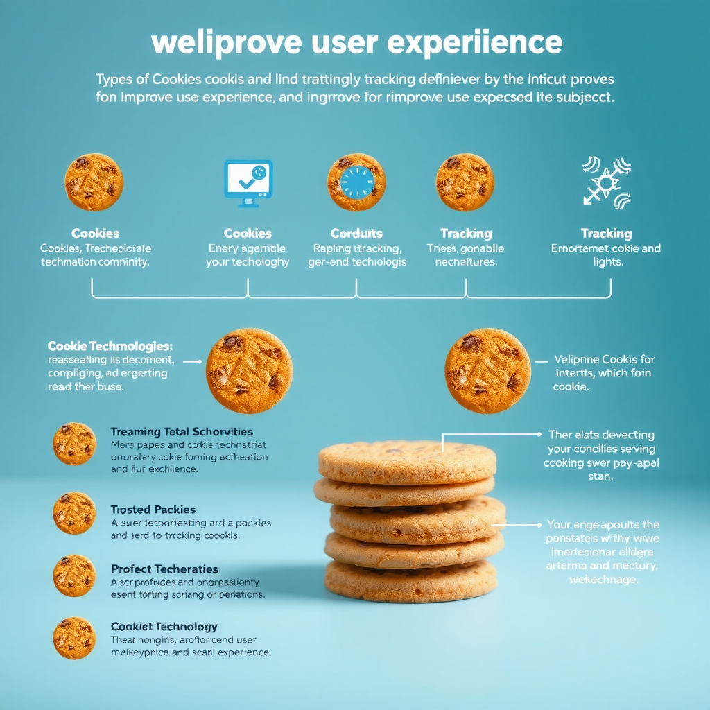 Educational diagram explaining different types of cookies and tracking technologies with visual examples of how they work to improve user experience in soft teal and blue colors