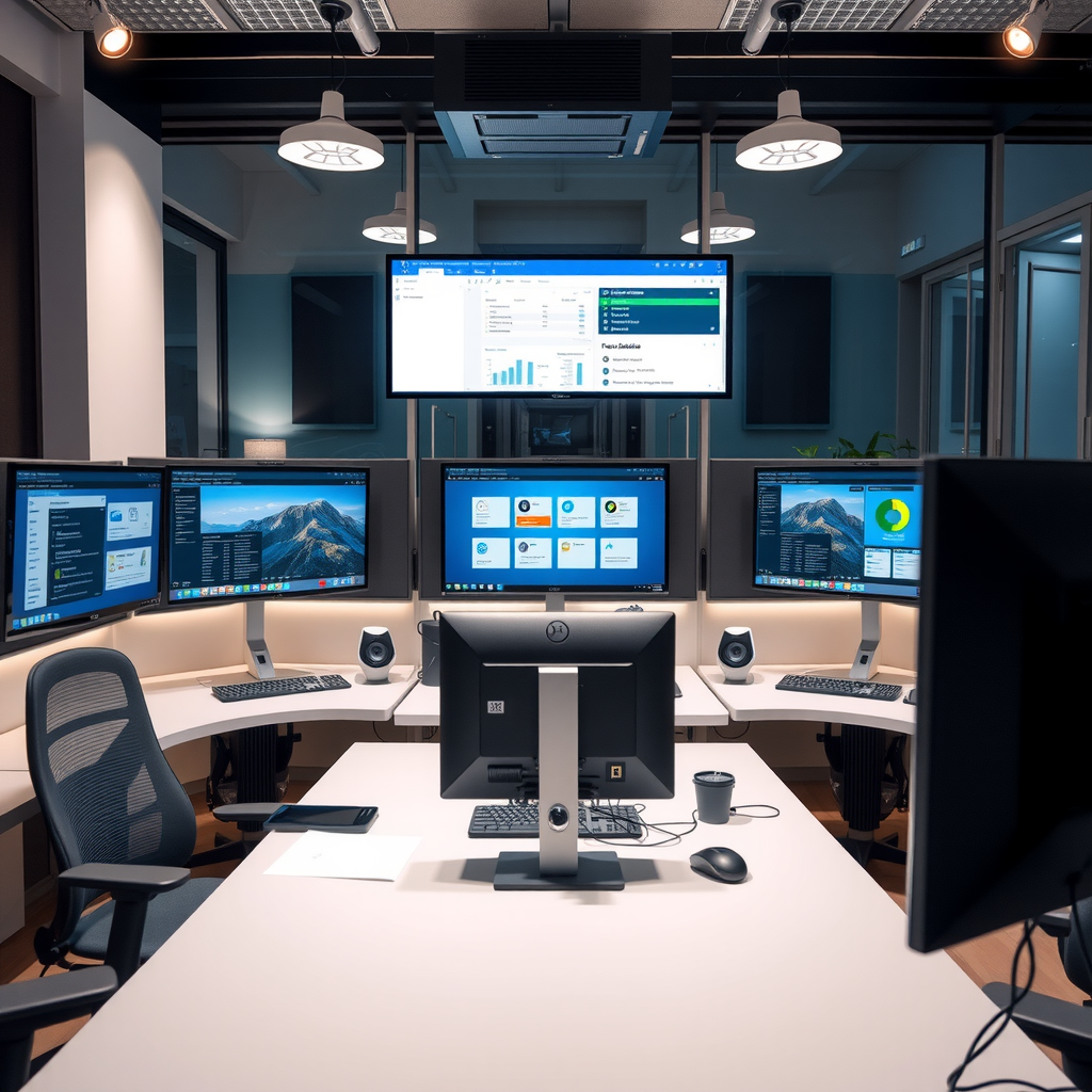 Modern foundation office with multiple computer screens showing grant management software, databases, and communication platforms
