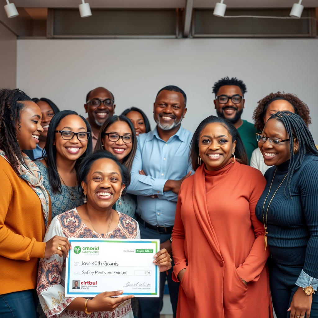 Diverse group of nonprofit leaders and community members celebrating together after receiving grant award, showing joy and gratitude