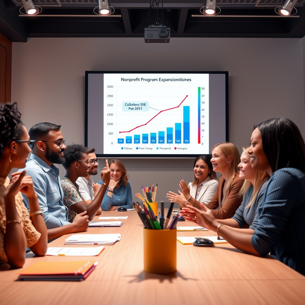 Nonprofit team celebrating successful program expansion milestone with growth charts and community impact metrics displayed on presentation screen