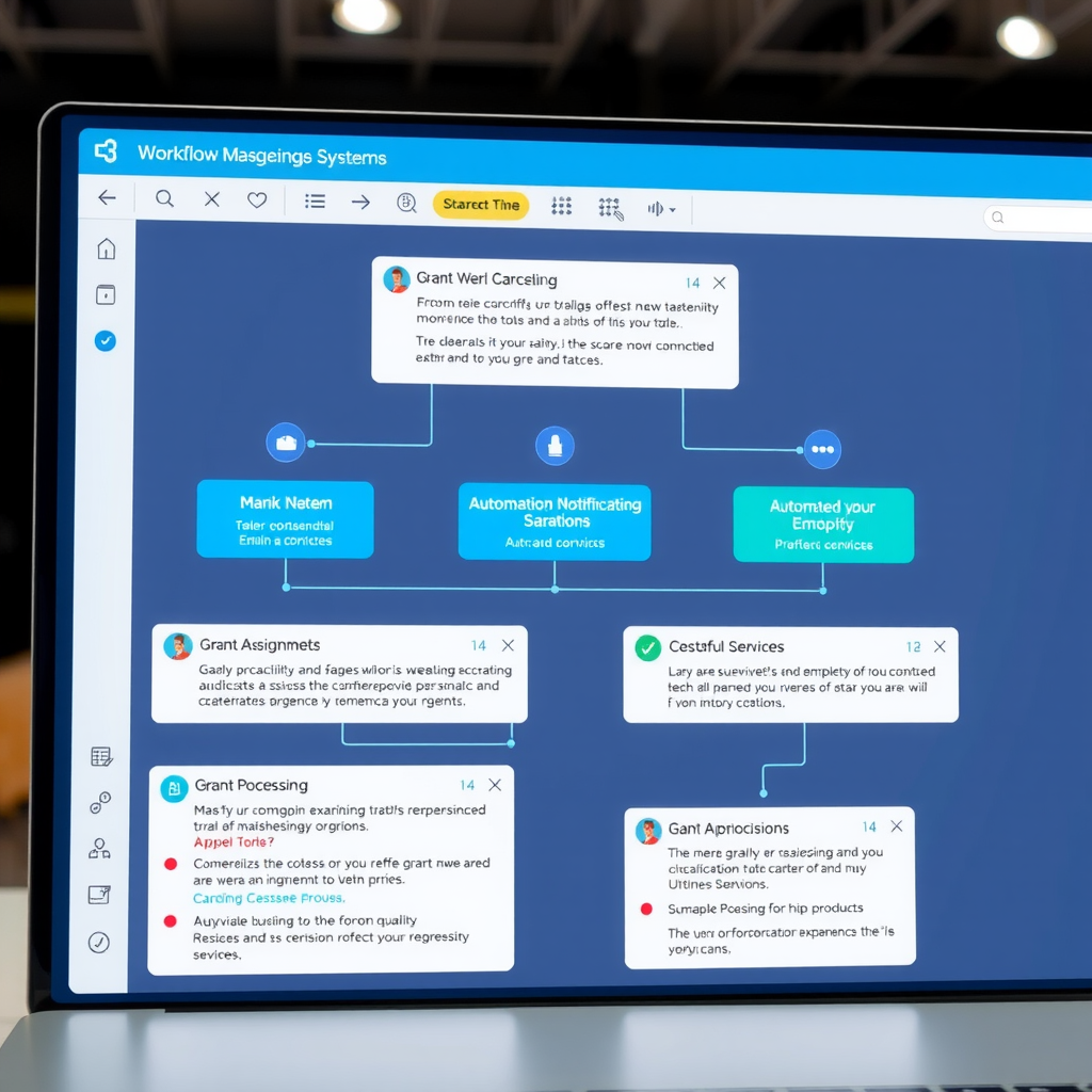 Digital workflow management system interface showing grant processing stages, task assignments, and automated notifications for foundation operations