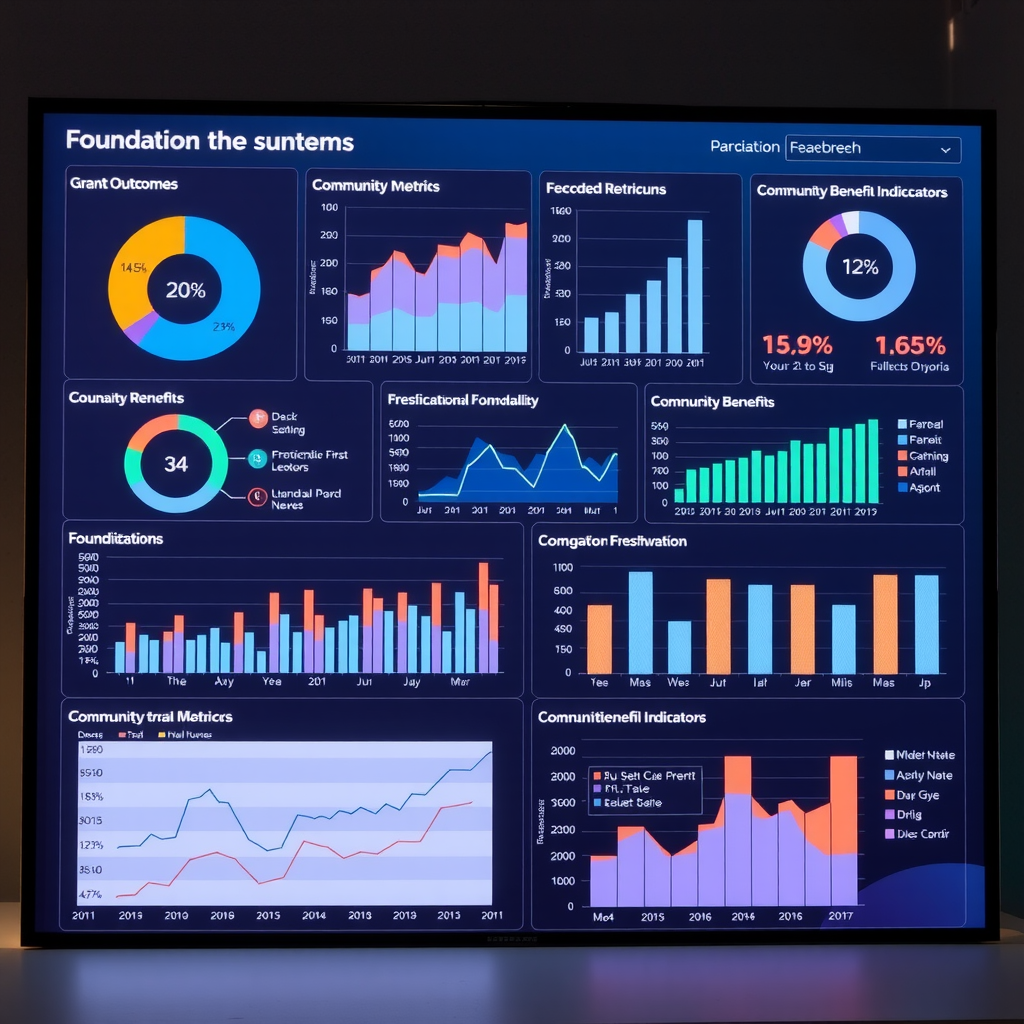 Data visualization dashboard showing foundation impact metrics, grant outcomes, and community benefit indicators
