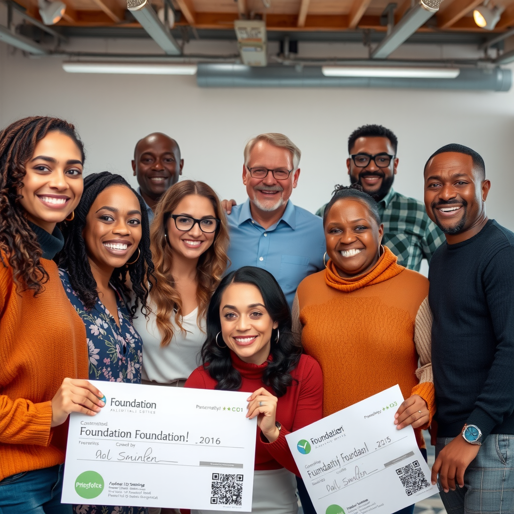 Successful foundation team celebrating grant impact with community members, showing diverse group of people smiling and collaborating